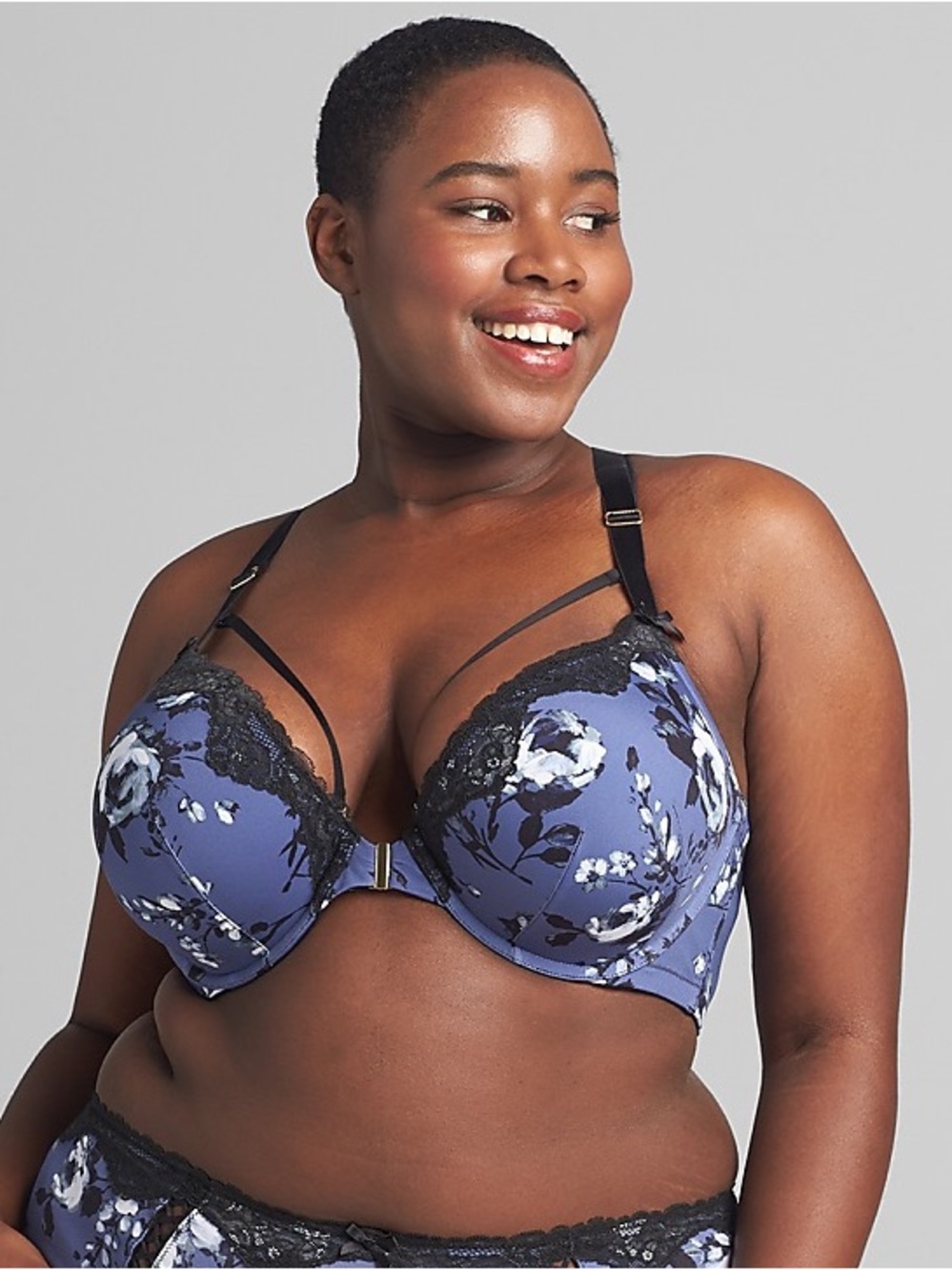 Cacique Front-Close Strappy-Back Boost Plunge Bra in Bold Roses | Size 44B